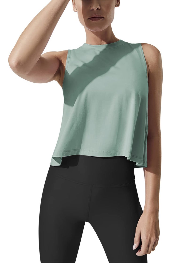 Mippo Workout Tops for Women High Neck Tank Cropped Workout Top Womens Muscle Tank Athletic T Shirts Crop Tees Gray Green S - Image 1
